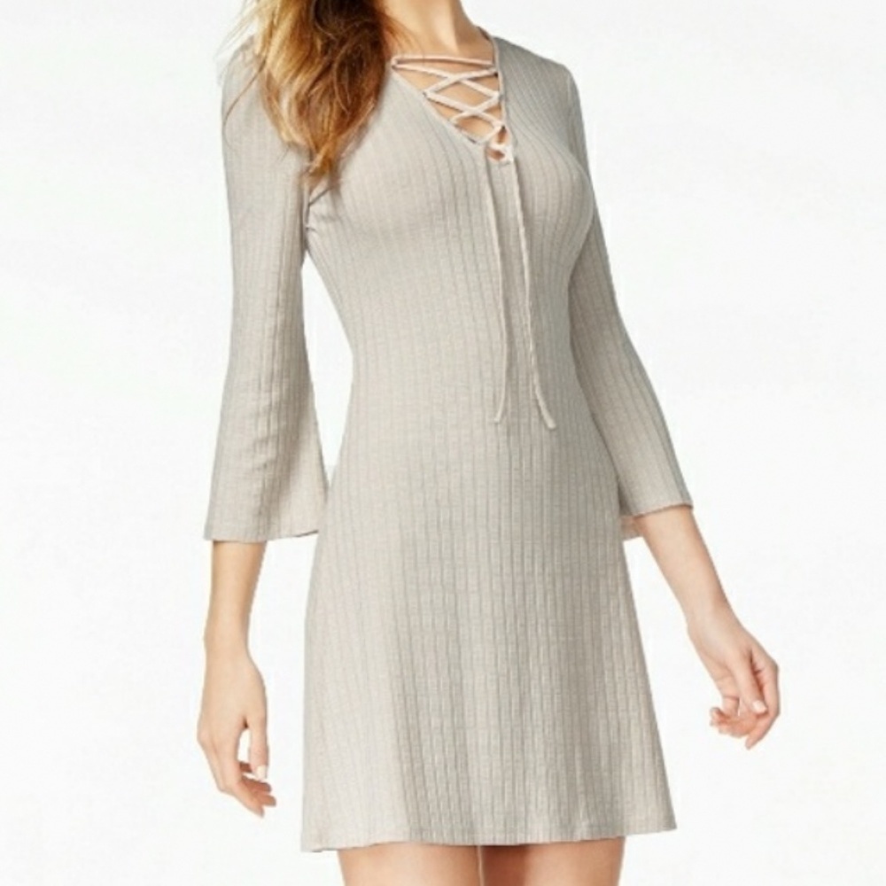 Kensie Mini Dress Ribbed Lace Up Top & Bell Sleeves